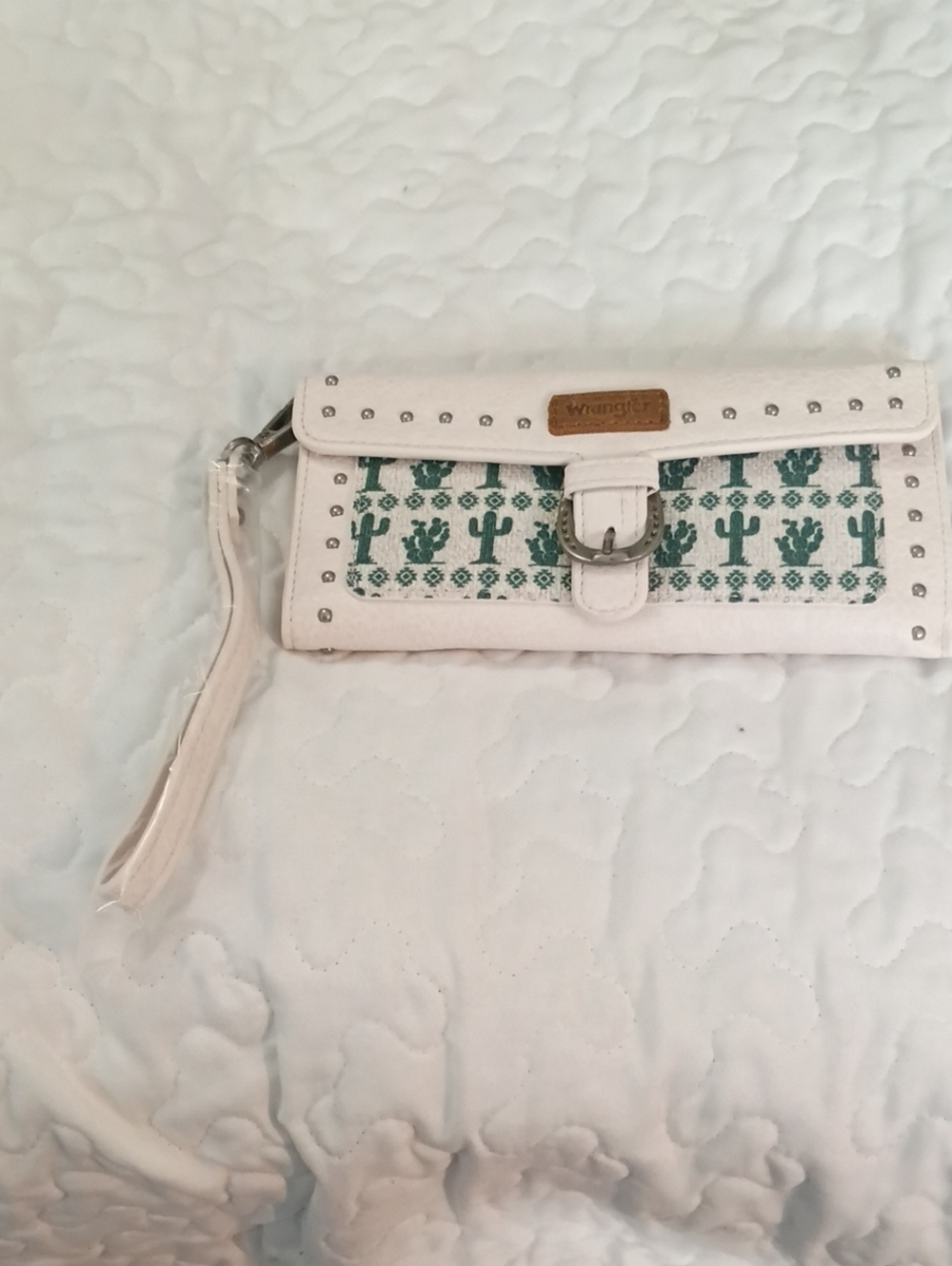 Wrangler Cream Wristlet Clutch with Green Cactus Embroidery